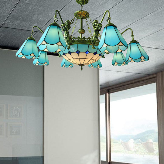 7/9-Light Living Room Chandelier Tiffany Bronze Pendant Fixture Cone Yellow/Blue Glass Shades 9 /