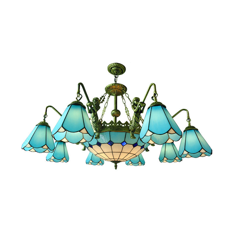 7/9-Light Living Room Chandelier Tiffany Bronze Pendant Fixture Cone Yellow/Blue Glass Shades