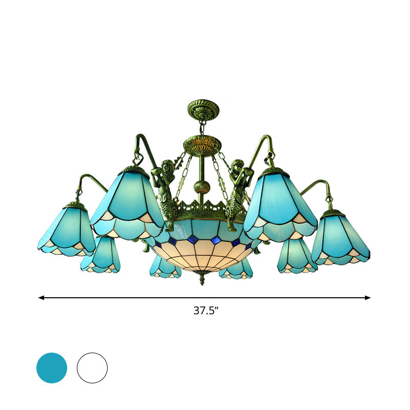 7/9-Light Living Room Chandelier Tiffany Bronze Pendant Fixture Cone Yellow/Blue Glass Shades