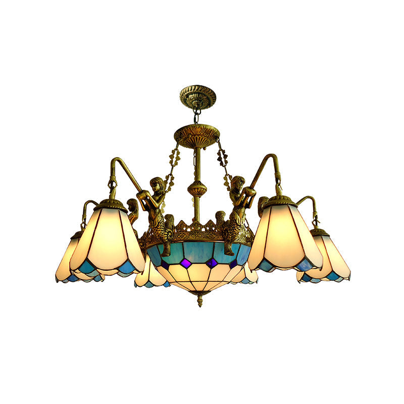 7/9-Light Living Room Chandelier Tiffany Bronze Pendant Fixture Cone Yellow/Blue Glass Shades 7 /