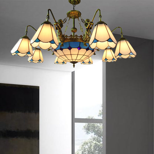 7/9-Light Living Room Chandelier Tiffany Bronze Pendant Fixture Cone Yellow/Blue Glass Shades