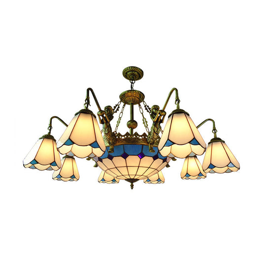 7/9 Light Tiffany Bronze Chandelier with Cone Glass Shades for Living Room