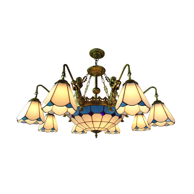 7/9-Light Living Room Chandelier Tiffany Bronze Pendant Fixture Cone Yellow/Blue Glass Shades