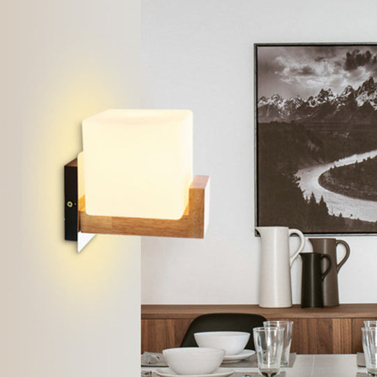 Modern Wood Square Wall Sconce With White Glass Shade: Single Head Mounted Light

Note: While