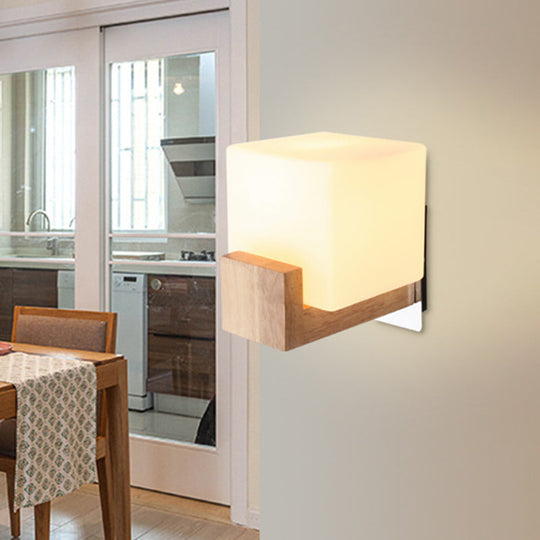 Modern Wood Square Wall Sconce With White Glass Shade: Single Head Mounted Light

Note: While