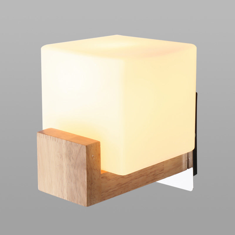 Modern Wood Square Wall Sconce With White Glass Shade: Single Head Mounted Light

Note: While