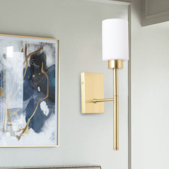 Modern Opal Glass Tube Sconce - 1 Bulb Wall Light In Brass With Metal Pencil Arm