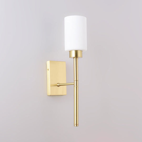 Modern Opal Glass Tube Sconce - 1 Bulb Wall Light In Brass With Metal Pencil Arm