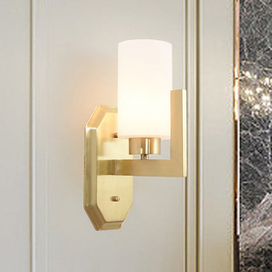 Modern Gold Wall Sconce With Tubular Milk Glass Shade For Living Room