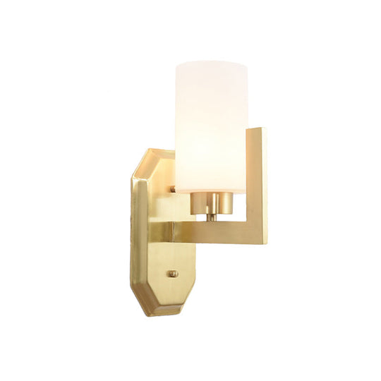 Modern Gold Wall Sconce With Tubular Milk Glass Shade For Living Room