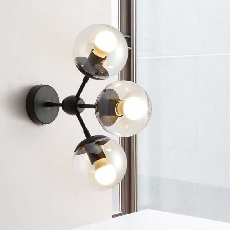 Sleek Black Glass Wall Mounted Vanity Light With 3 Spherical Bulbs - Modern Bathroom Lighting