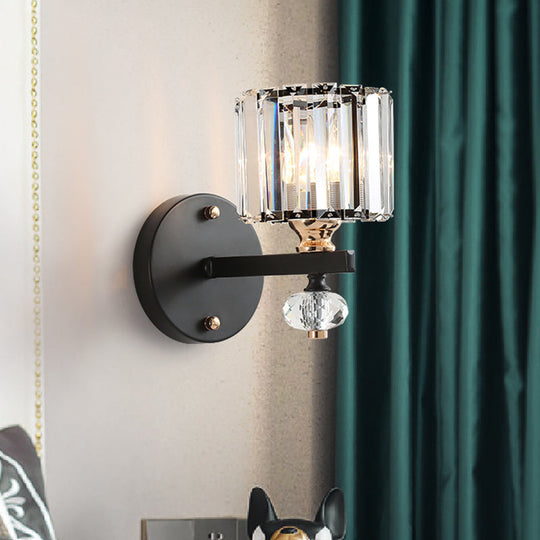 Contemporary Clear Ribbed Glass Wall Mounted Drum Sconce Light In Black