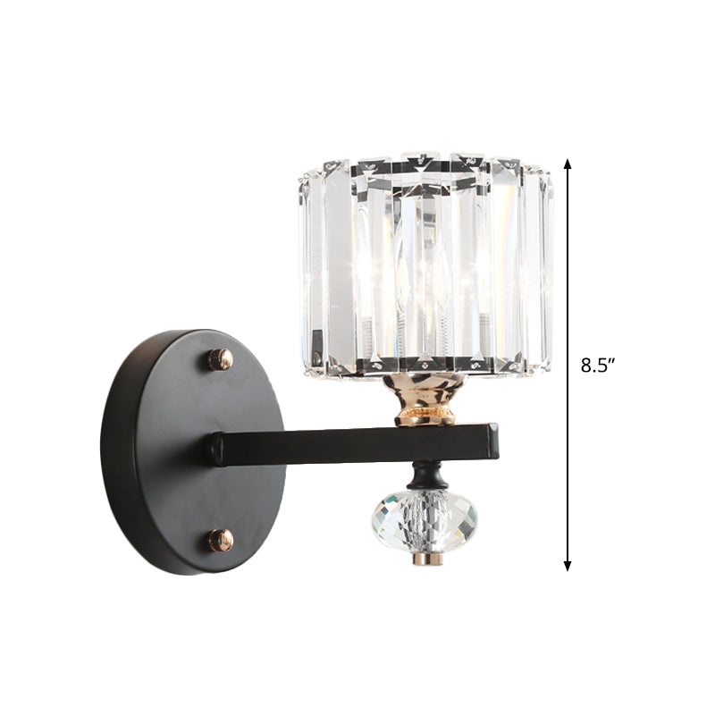 Contemporary Clear Ribbed Glass Wall Mounted Drum Sconce Light In Black