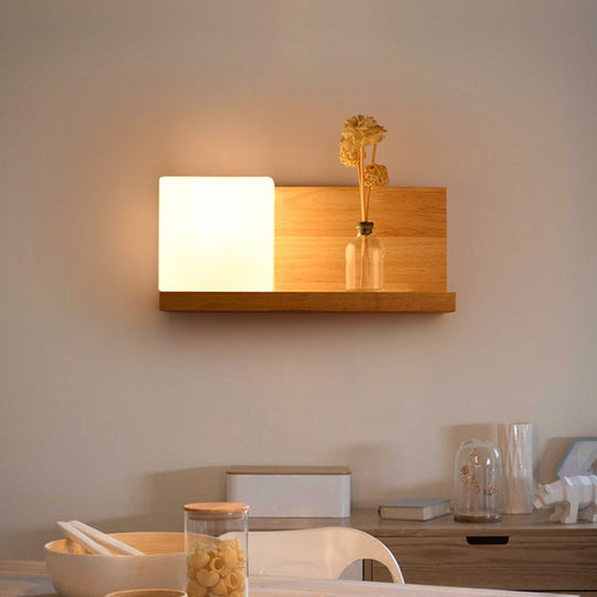 Chinese Wood Wall Mounted Sconce Light With 1 Bulb - White Glass Square Lamp For Dining Room