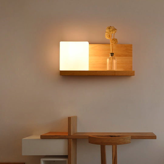 Chinese Wood Wall Mounted Sconce Light With 1 Bulb - White Glass Square Lamp For Dining Room