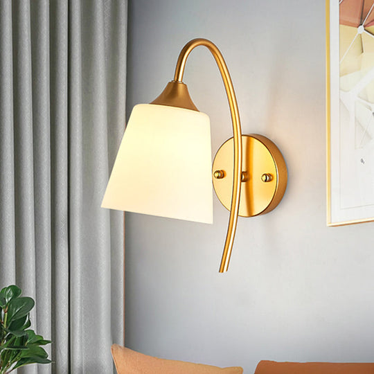 Gold Milk Glass Tapered Sconce With Metal Gooseneck Arm - Contemporary Wall Light Fixture