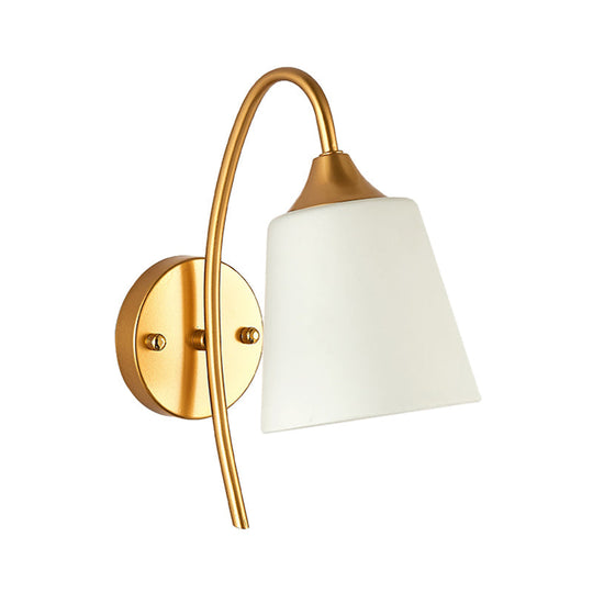 Gold Milk Glass Tapered Sconce With Metal Gooseneck Arm - Contemporary Wall Light Fixture