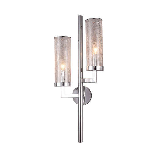 Modern Chrome Armed Wall Lamp With Crackle Glass Shade - 2 Bulb Metal Sconce Light Fixture