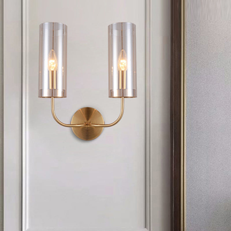 Modern Cognac Glass Cylinder Sconce Light With 2 Bulbs - Gold Wall Mount Lamp