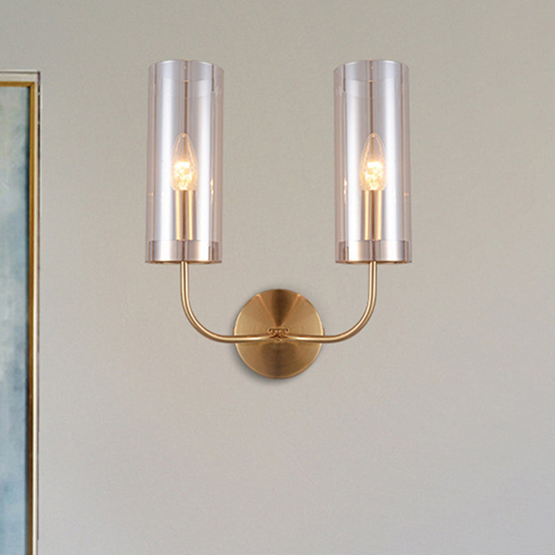 Modern Cognac Glass Cylinder Sconce Light With 2 Bulbs - Gold Wall Mount Lamp