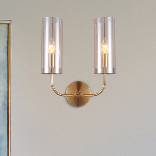 Modern Cognac Glass Cylinder Sconce Light With 2 Bulbs - Gold Wall Mount Lamp