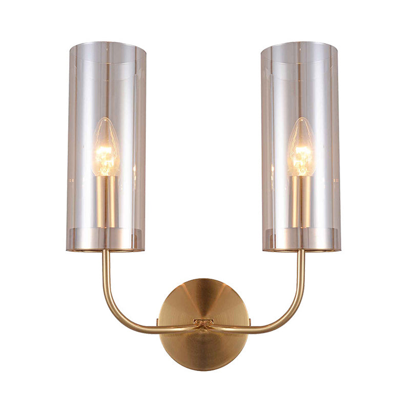 Modern Cognac Glass Cylinder Sconce Light With 2 Bulbs - Gold Wall Mount Lamp