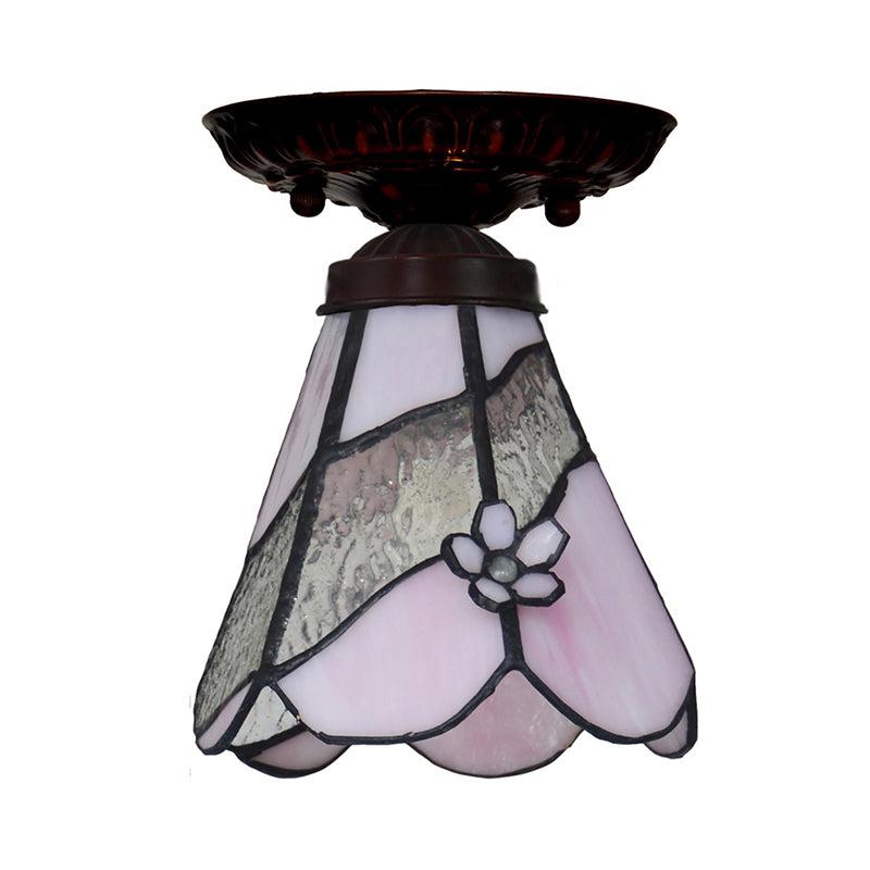 Tiffany Style Pink Glass Ceiling Flushmount Light Fixture - 1 Light Flower/Flared/Rhombus Design