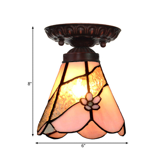 Tiffany Style Pink Glass Ceiling Flushmount Light Fixture - 1 Light Flower/Flared/Rhombus Design