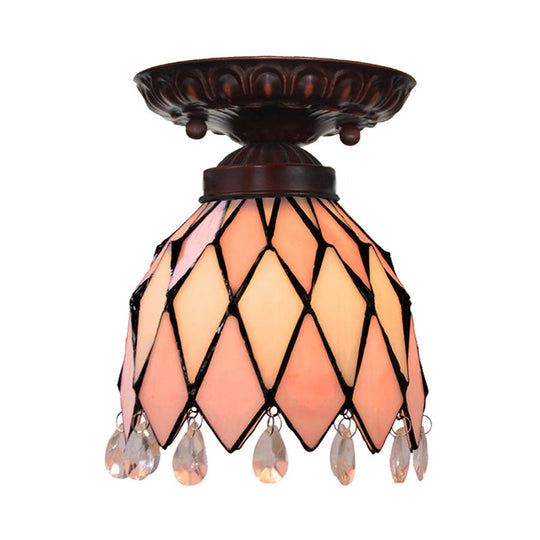 Tiffany Style Pink Glass Ceiling Flushmount Light Fixture - 1 Light Flower/Flared/Rhombus Design