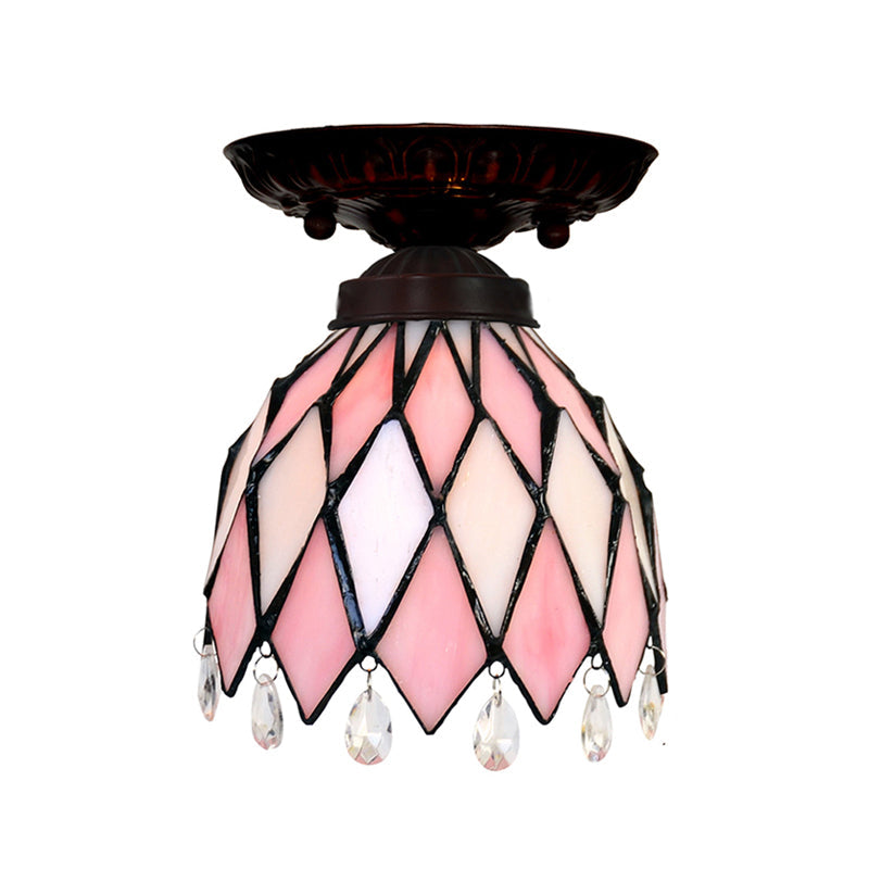 Tiffany Style Pink Glass Ceiling Flushmount Light Fixture - 1 Light Flower/Flared/Rhombus Design