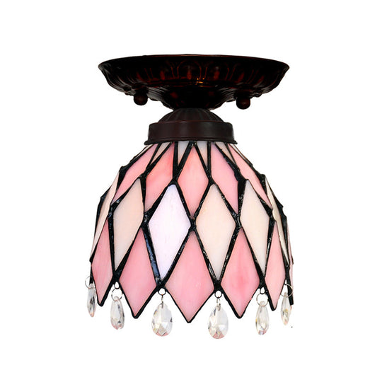 Tiffany Style Pink Glass Ceiling Flushmount Light Fixture - 1 Light Flower/Flared/Rhombus Design