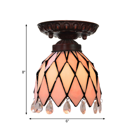 Tiffany Style Pink Glass Ceiling Flushmount Light Fixture - 1 Light Flower/Flared/Rhombus Design