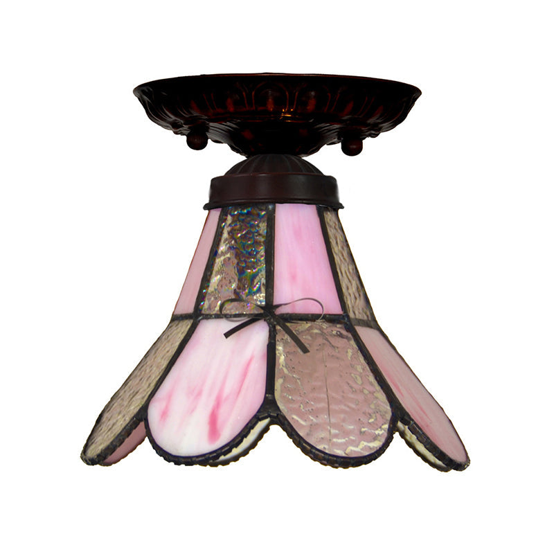 Tiffany Style Pink Glass Ceiling Flushmount Light Fixture - 1 Light Flower/Flared/Rhombus Design