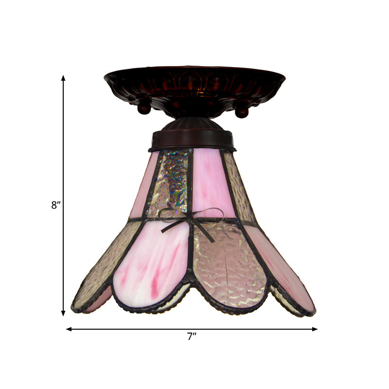 Tiffany Style Pink Glass Ceiling Flushmount Light Fixture - 1 Light Flower/Flared/Rhombus Design