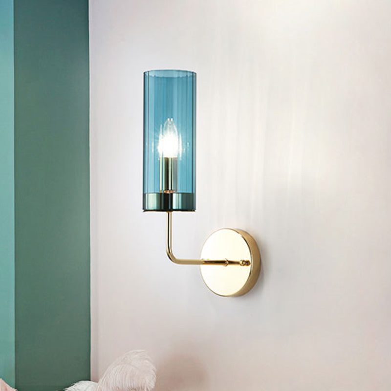 Modern Tubular Sconce: Cognac/Light Blue Glass Wall Mounted Light Fixture