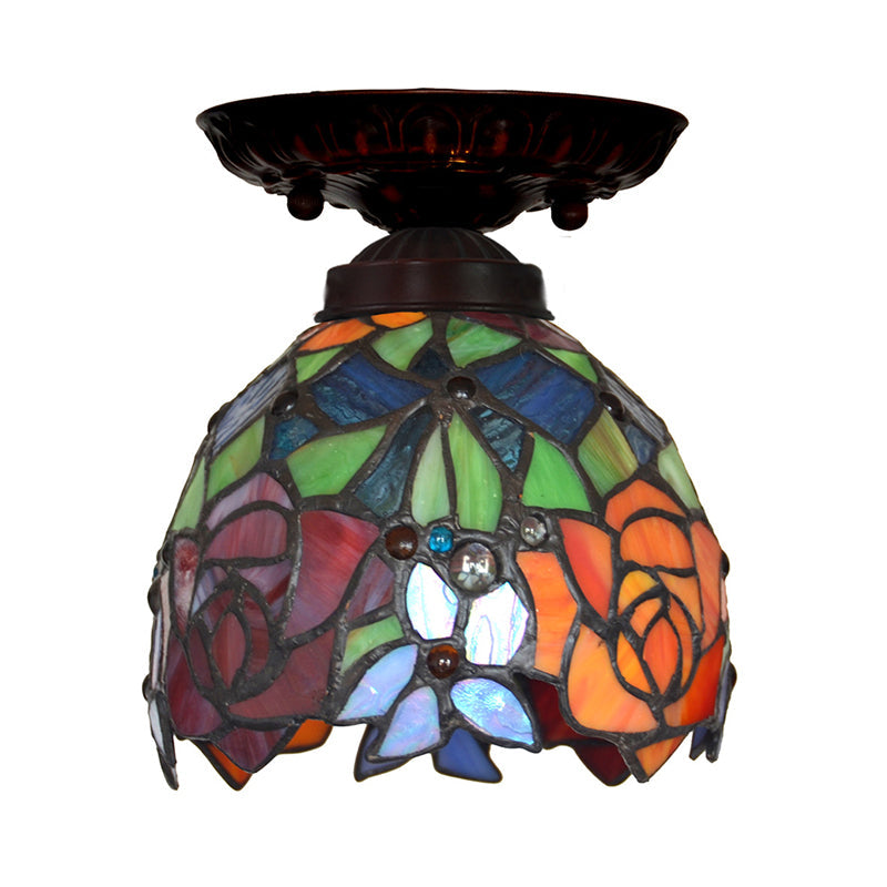 Victorian Ceiling-Mounted Stained Glass Light with Domed Design - 1 Light Flushmount - Red/Pink/Orange - Ideal for Corridors