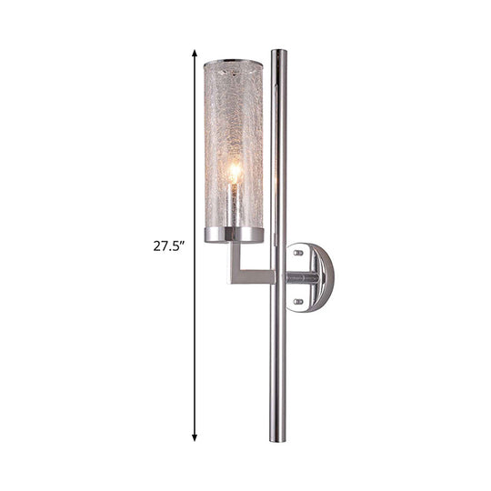 Modern Metal Armed Wall Lamp With Crackle Glass Shade - Chrome Sconce Light Fixture