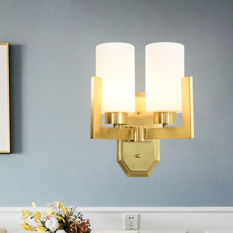 Gold Wall Sconce With Milk Glass Shades And Modernist Cylinder Design (2 Heads)