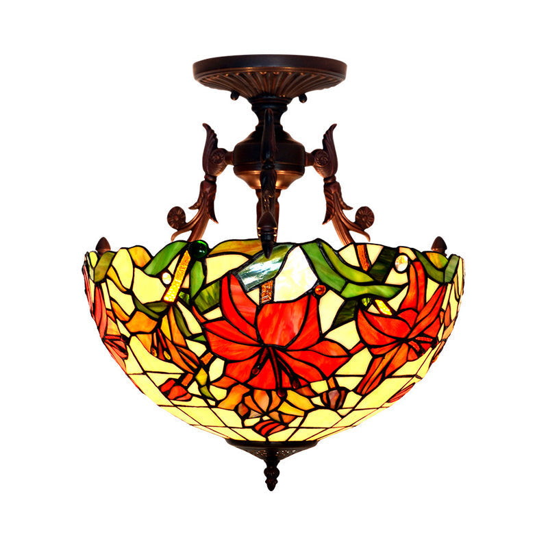 Victorian Bronze Semi Flush Light with Dome/Cone Red/Green Cut Glass Shade for Living Room