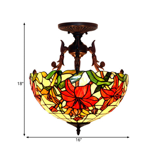 Victorian Bronze Semi Flush Light with Dome/Cone Red/Green Cut Glass Shade for Living Room