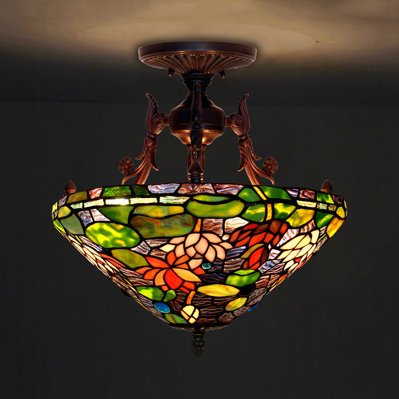 Victorian Bronze Semi Flush Light With Dome/Cone Red/Green Cut Glass Shade For Living Room Green