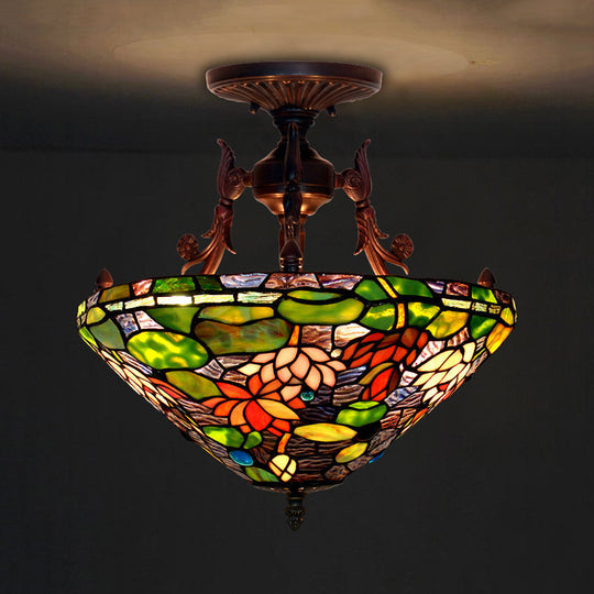 Victorian Bronze Semi Flush Light With Dome/Cone Red/Green Cut Glass Shade For Living Room Green