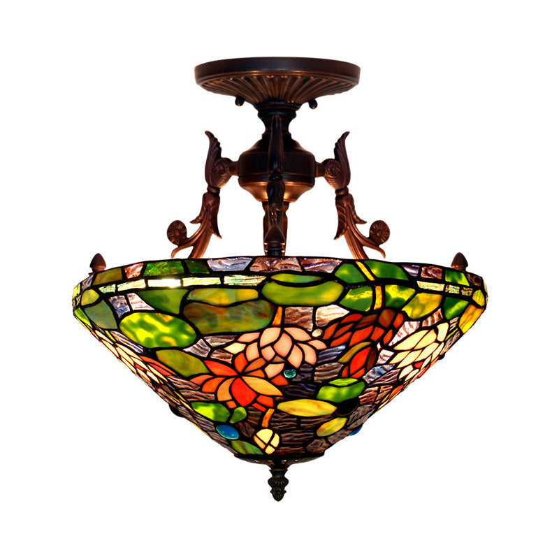 Victorian Bronze Semi Flush Light with Dome/Cone Red/Green Cut Glass Shade for Living Room