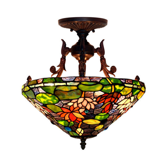 Victorian Bronze Semi Flush Light With Dome/Cone Red/Green Cut Glass Shade For Living Room