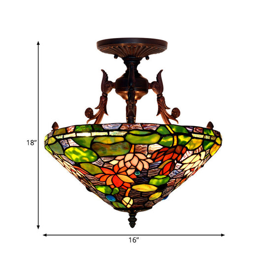 Victorian Bronze Semi Flush Light with Dome/Cone Red/Green Cut Glass Shade for Living Room