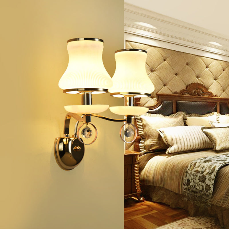 Modern White Glass Wall Sconce With Gold Metal Arm & 2 Bulbs