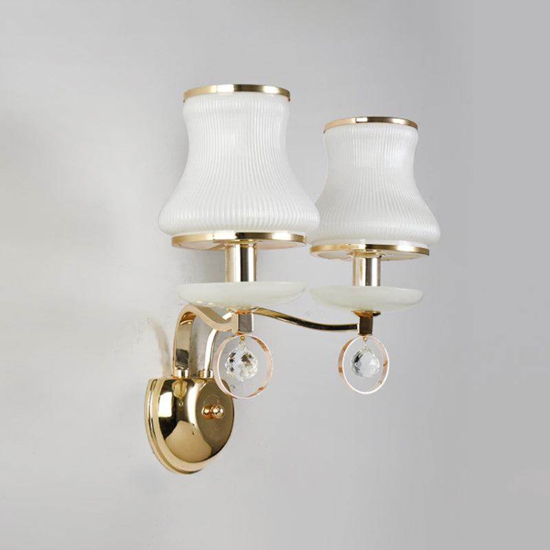 Modern White Glass Wall Sconce With Gold Metal Arm & 2 Bulbs