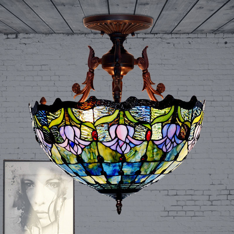 Mediterranean Stained Glass Semi Flush Mount Light - 3 Red/Blue Lights for Living Room Ceiling