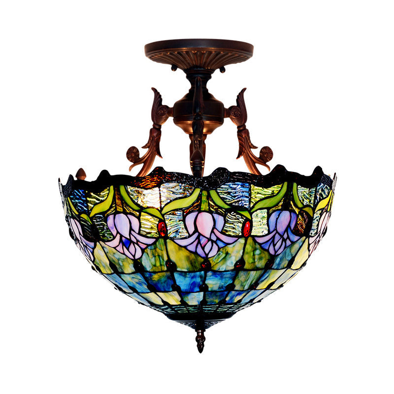 Mediterranean Stained Glass Semi Flush Mount Light - 3 Red/Blue Lights for Living Room Ceiling