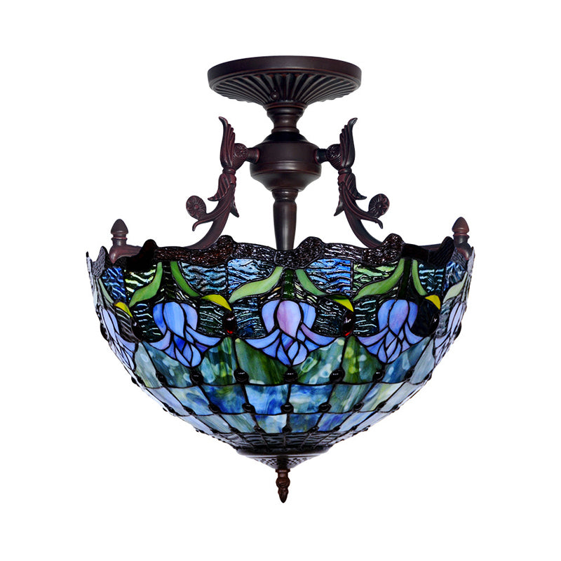 Mediterranean Stained Glass Semi Flush Mount Light - 3 Red/Blue Lights for Living Room Ceiling